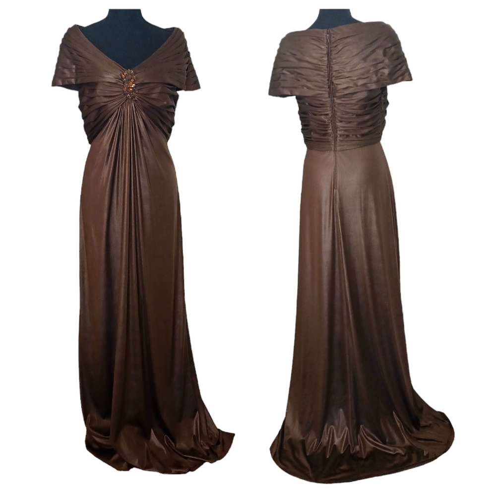 Tadashi Shoji Off Shoulder Whimsigoth Floor Length Maxi Gown Dress Med Chocolate